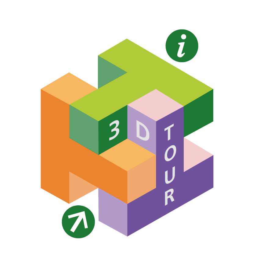 Abstract 3D graphic of interlocking colored blocks (green, orange, purple) forming a maze-like structure. The word “3DTOUR” appears vertically on a purple block. A green circle with an “i” icon is at the top right, and another green circle with an arrow is at the bottom left. The design resembles a stylized 3D navigation system or a logo for a digital tour.