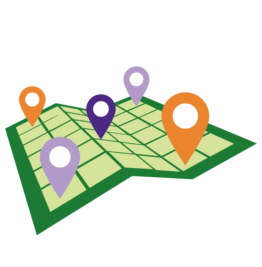 Abstract 3D graphic of interlocking colored blocks (green, orange, purple) forming a maze-like structure. The word “3DTOUR” appears vertically on a purple block. A green circle with an “i” icon is at the top right, and another green circle with an arrow is at the bottom left. The design resembles a stylized 3D navigation system or a logo for a digital tour.