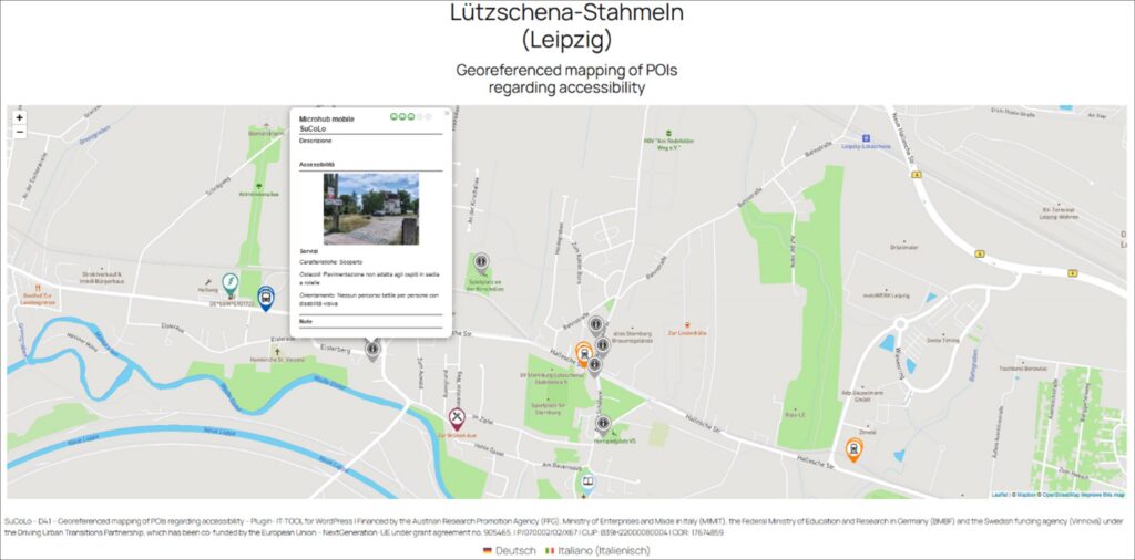 Screenshot of an interactive map of Lützschena-Stahmeln (Leipzig) with markers for accessibility-related points of interest. An open information window displays details and a photo of a selected location.