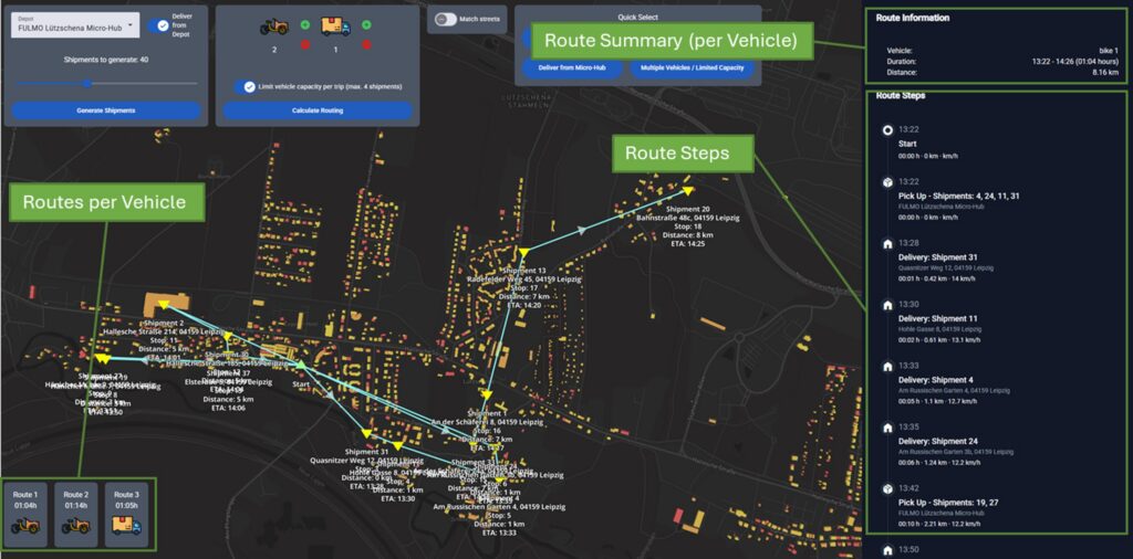 Screenshot of route planning software showing a map with visualized delivery routes for multiple vehicles. Marked routes, stops, and a sidebar display detailed route information and individual delivery steps.