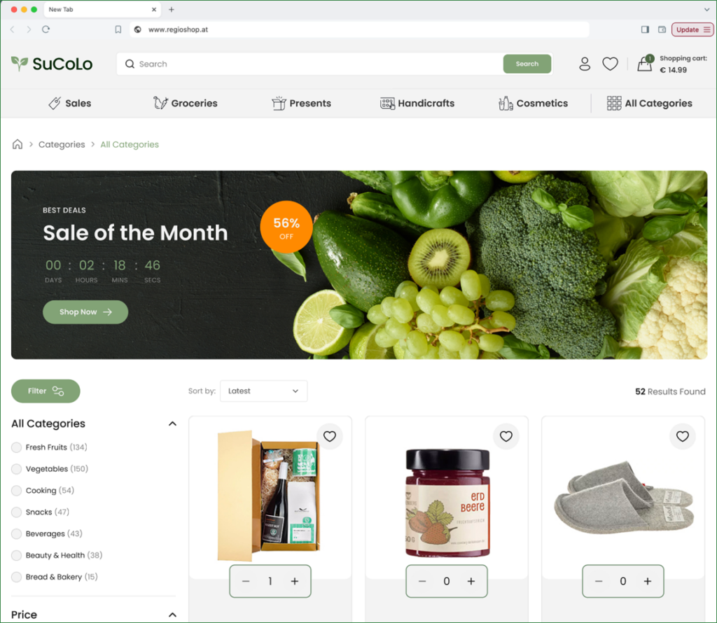 Screenshot of webshop product overview