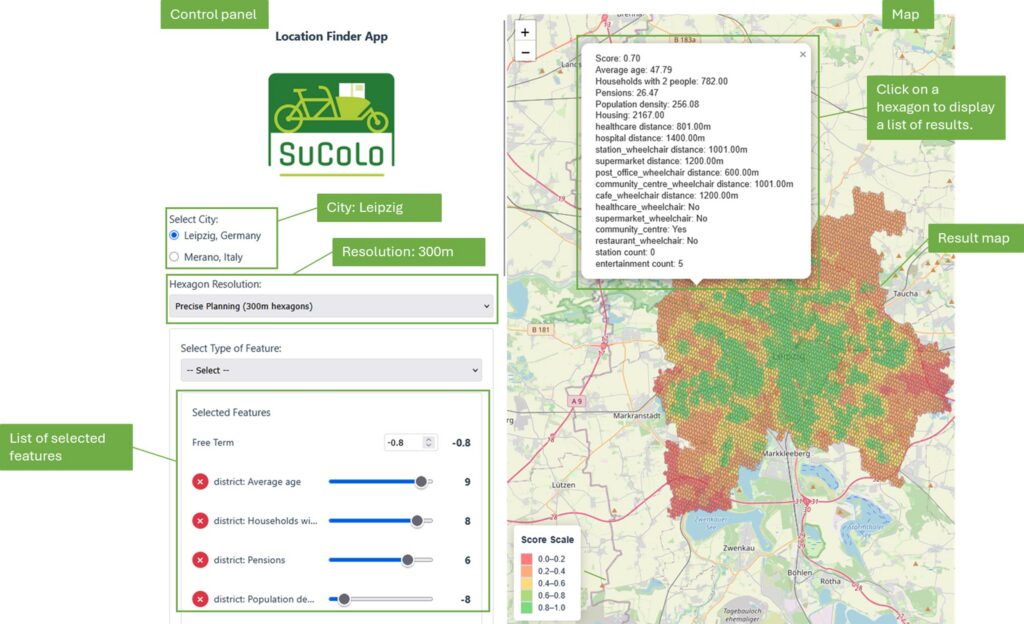 Screenshot of a “Location Finder” app with a control panel on the left and a color-coded result map on the right. The panel shows selected criteria with weights, while a hexagon on the map is selected, displaying detailed location data in a popup.
