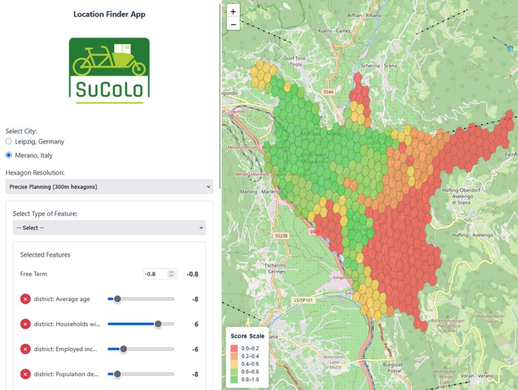 Screenshot of a “Location Finder” app with a selection panel on the left (city of Meran selected, criteria with weights) and a color-coded map on the right using hexagons to show the suitability of different areas.