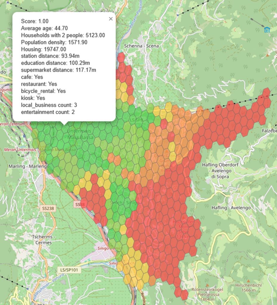 Map section with a color-coded hexagon analysis around Meran. An open popup displays detailed evaluation and location data for a selected area.