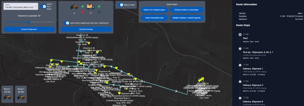 Screenshot of route planning software showing a map with a long continuous delivery route and many marked stops. At the top are controls for generating shipments and selecting vehicles, and on the right a sidebar with detailed route information and individual delivery steps.
